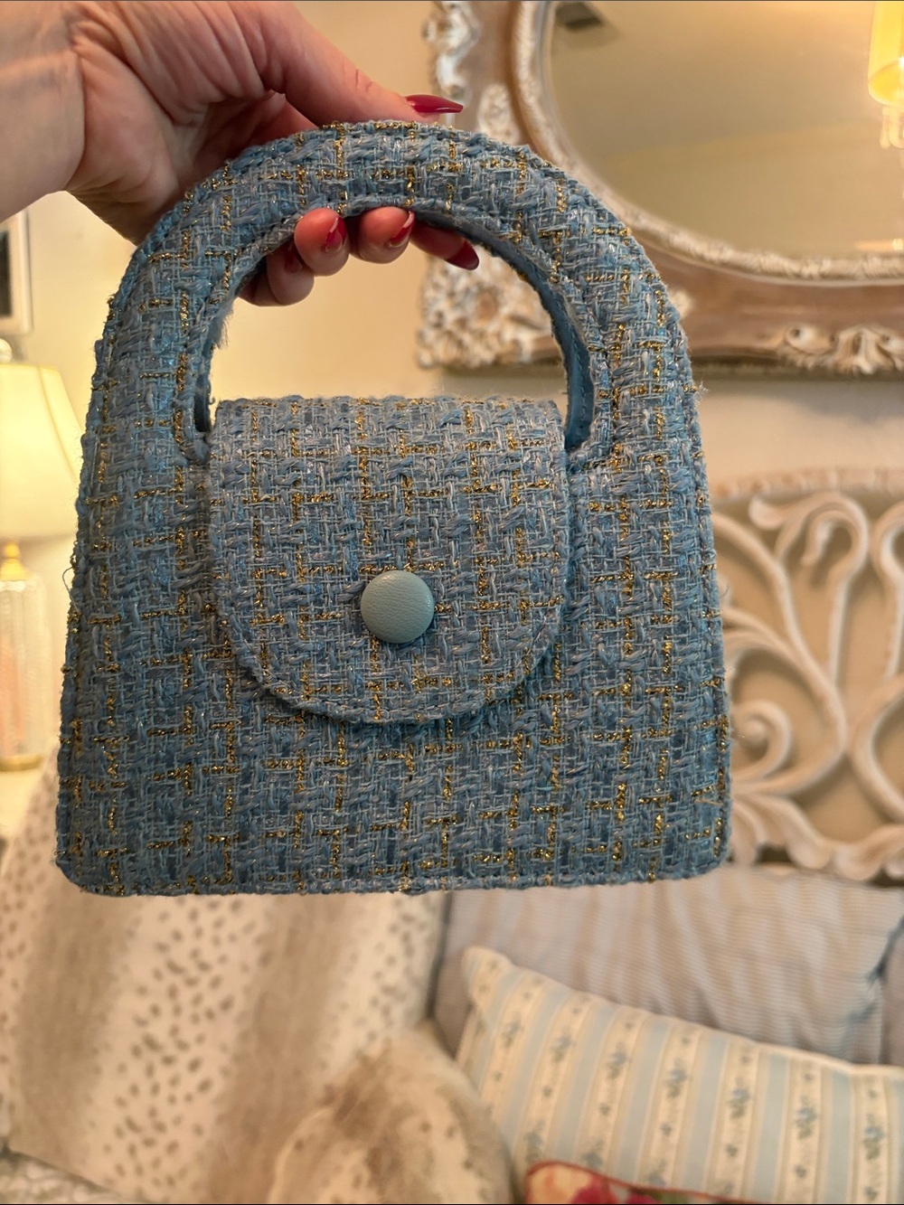 Light Blue Tweed Mini Top-Handle Bag with Gold Threading